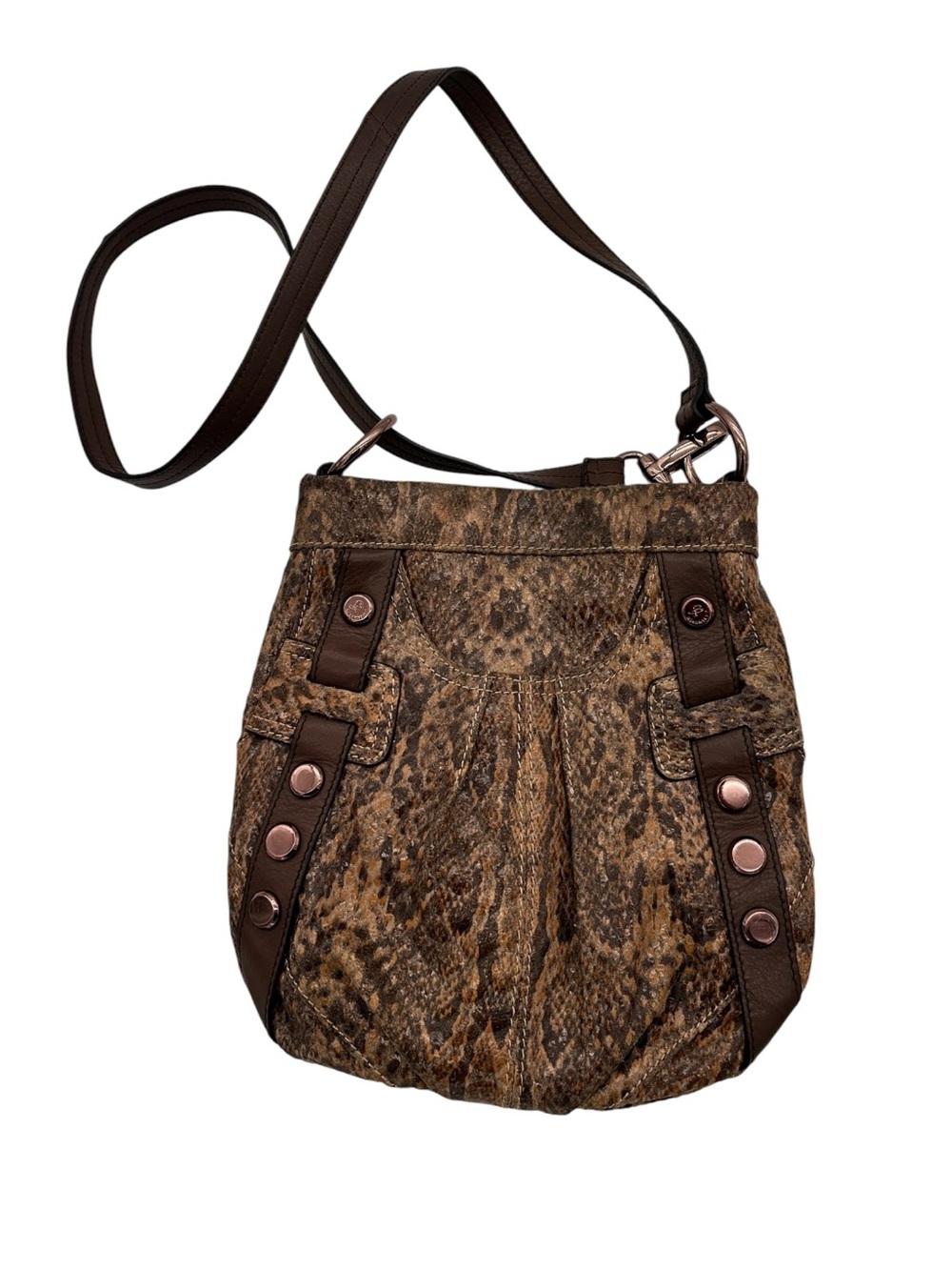 B Makowsky Crossbody Bag Adjustable Strap Snakeskin Print Leather Bronze Studded